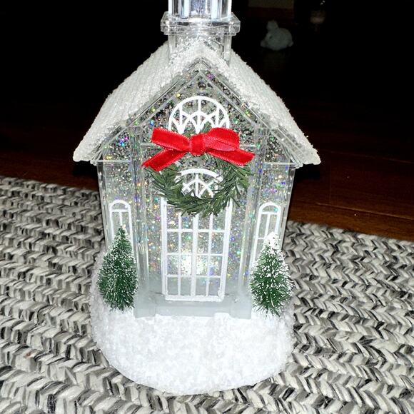 Christmas Glitter Snow Globe White Snowy Pines 12" Church LED Battery Operated - Picture 6 of 12